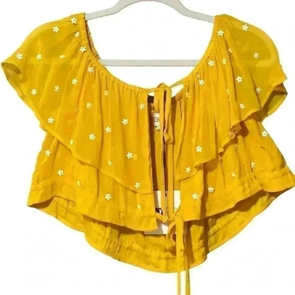 Beach Riot Women's XS Yellow White Daisy Print Tie Front Crop Blouse NWT